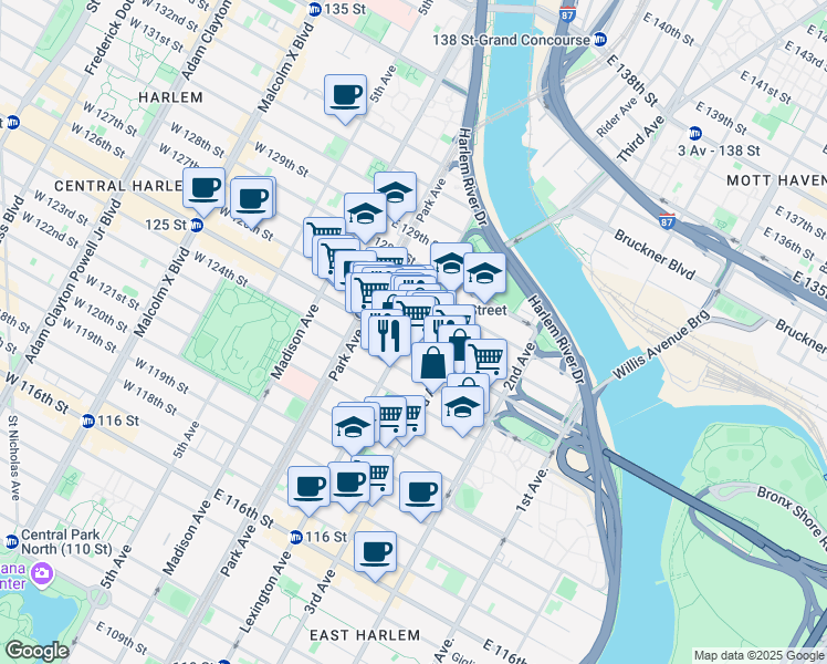 map of restaurants, bars, coffee shops, grocery stores, and more near 2083 Lexington Avenue in New York