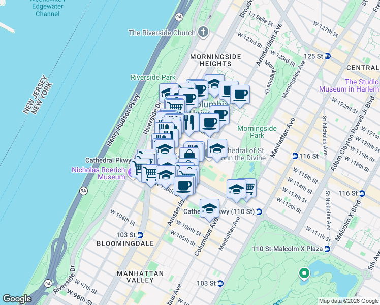 map of restaurants, bars, coffee shops, grocery stores, and more near 1060 Amsterdam Avenue in New York