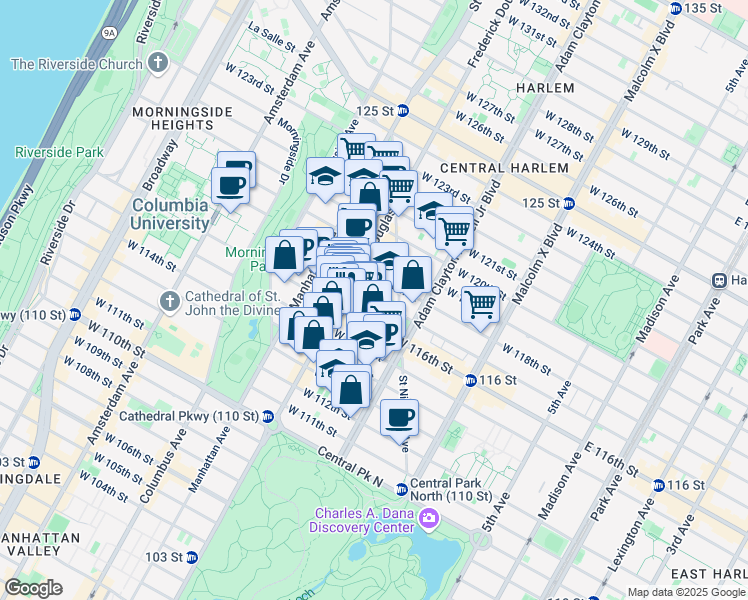 map of restaurants, bars, coffee shops, grocery stores, and more near 251 West 116th Street in New York