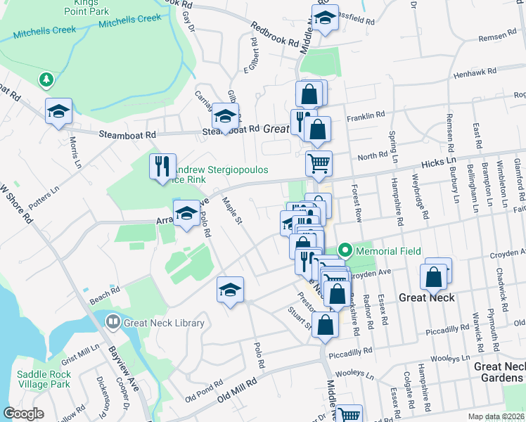 map of restaurants, bars, coffee shops, grocery stores, and more near 17 Willow Lane in Great Neck
