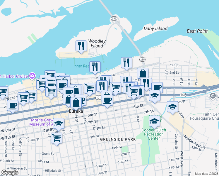 map of restaurants, bars, coffee shops, grocery stores, and more near M Street & 3rd Street in Eureka