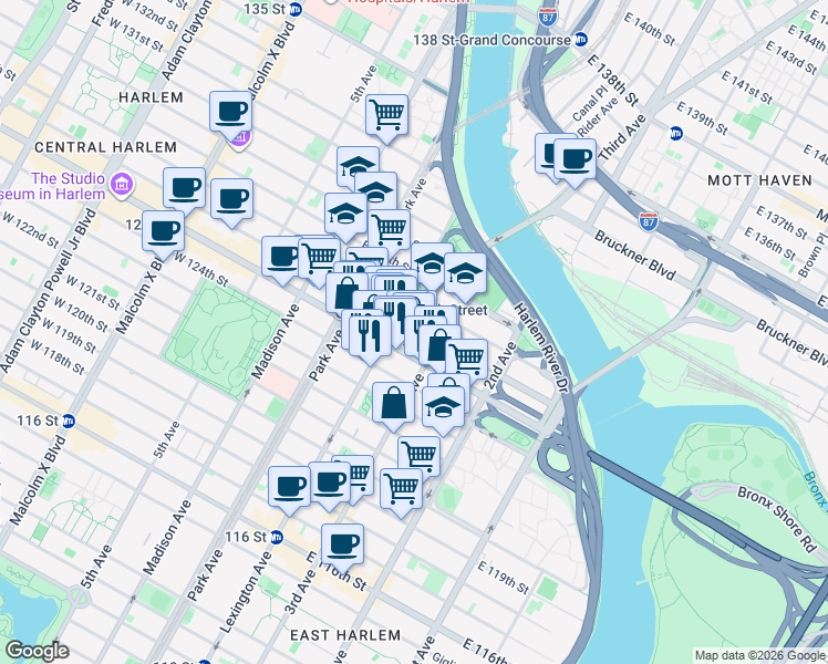 map of restaurants, bars, coffee shops, grocery stores, and more near 2083 Lexington Avenue in New York