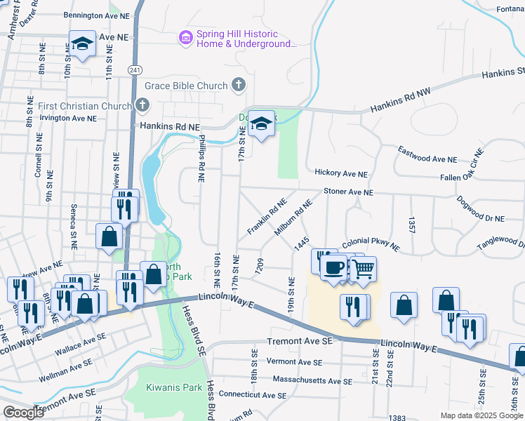 map of restaurants, bars, coffee shops, grocery stores, and more near 1804 Jefferson Road Northeast in Massillon