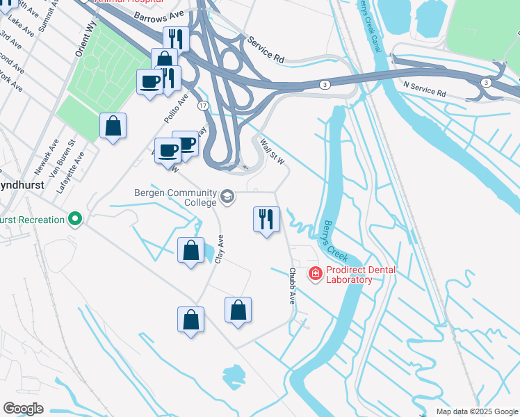 map of restaurants, bars, coffee shops, grocery stores, and more near 1290 Wall Street West in Lyndhurst