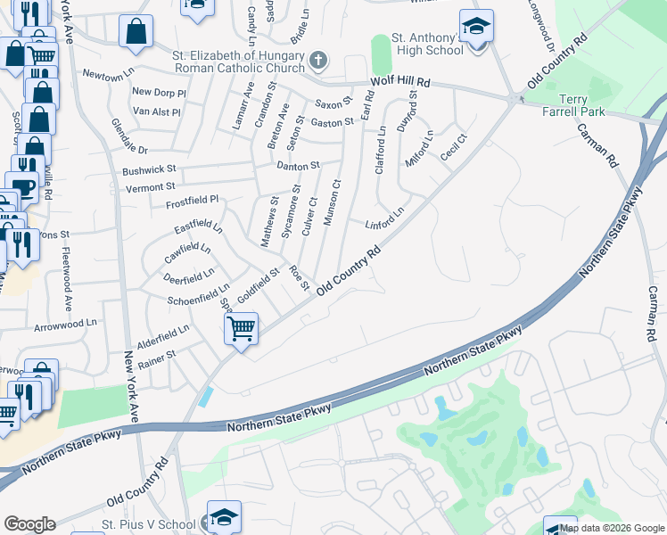 map of restaurants, bars, coffee shops, grocery stores, and more near 1 Earl Road in Melville