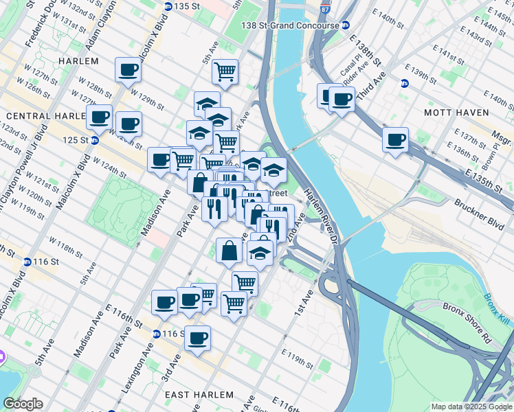 map of restaurants, bars, coffee shops, grocery stores, and more near 2322 3rd Avenue in New York