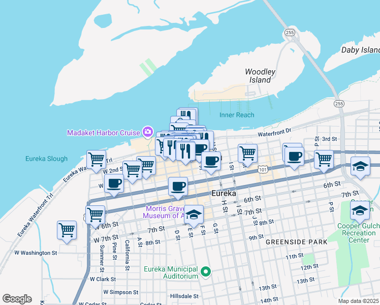 map of restaurants, bars, coffee shops, grocery stores, and more near 123 F Street in Eureka