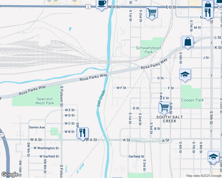 map of restaurants, bars, coffee shops, grocery stores, and more near 901 Southwest 2nd Street in Lincoln