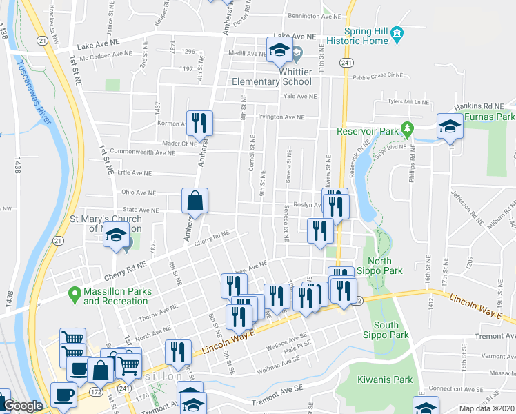 map of restaurants, bars, coffee shops, grocery stores, and more near 815 9th Street Northeast in Massillon