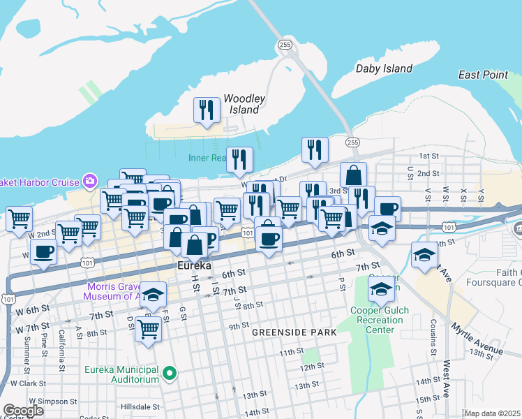 map of restaurants, bars, coffee shops, grocery stores, and more near 1103 3rd Street in Eureka