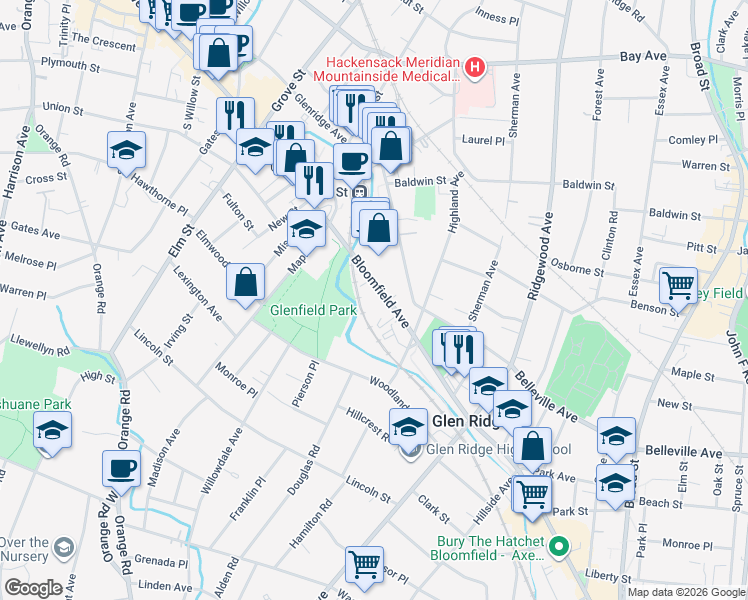 map of restaurants, bars, coffee shops, grocery stores, and more near 960 Bloomfield Avenue in Glen Ridge