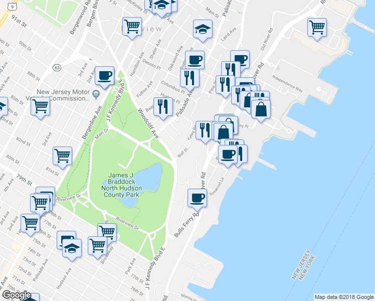 map of restaurants, bars, coffee shops, grocery stores, and more near 9032 Wall Street in North Bergen