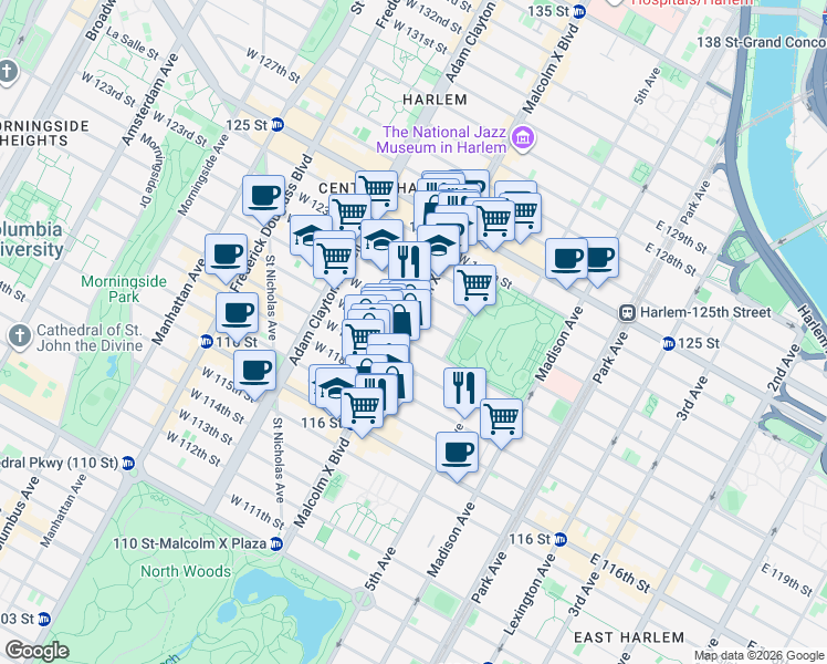 map of restaurants, bars, coffee shops, grocery stores, and more near 19 West 120th Street in New York