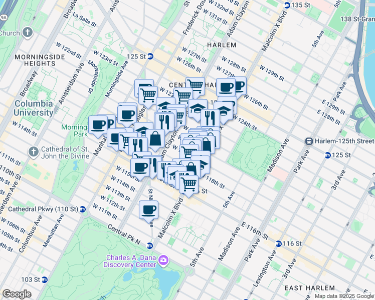 map of restaurants, bars, coffee shops, grocery stores, and more near 136 West 119th Street in New York