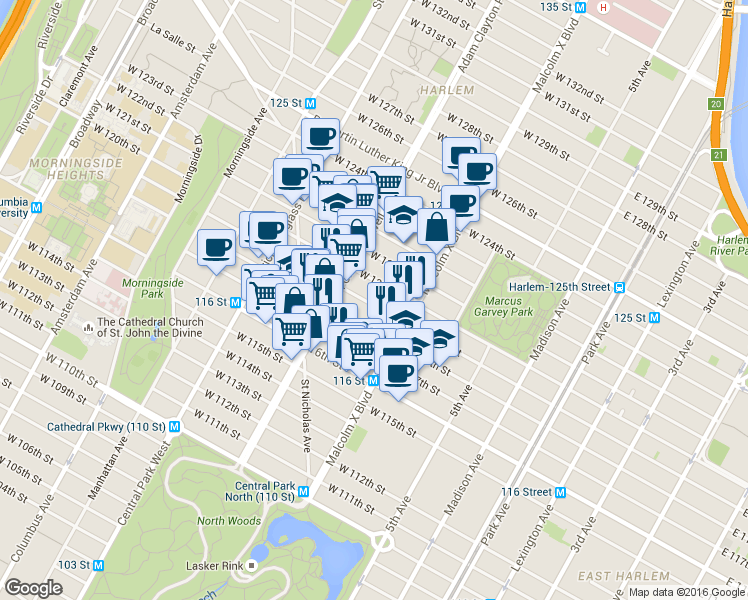 map of restaurants, bars, coffee shops, grocery stores, and more near 136 West 119th Street in New York
