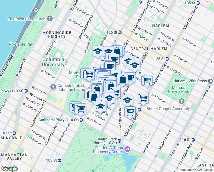 map of restaurants, bars, coffee shops, grocery stores, and more near 251 West 116th Street in New York