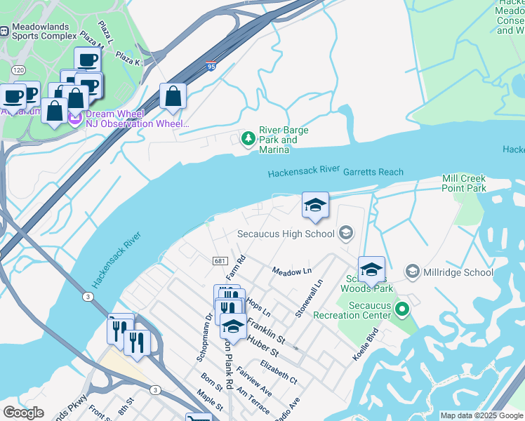 map of restaurants, bars, coffee shops, grocery stores, and more near 10 Acorn Road in Secaucus