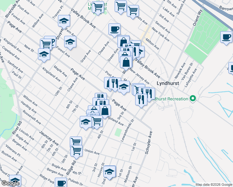 map of restaurants, bars, coffee shops, grocery stores, and more near 448 Ridge Road in Lyndhurst