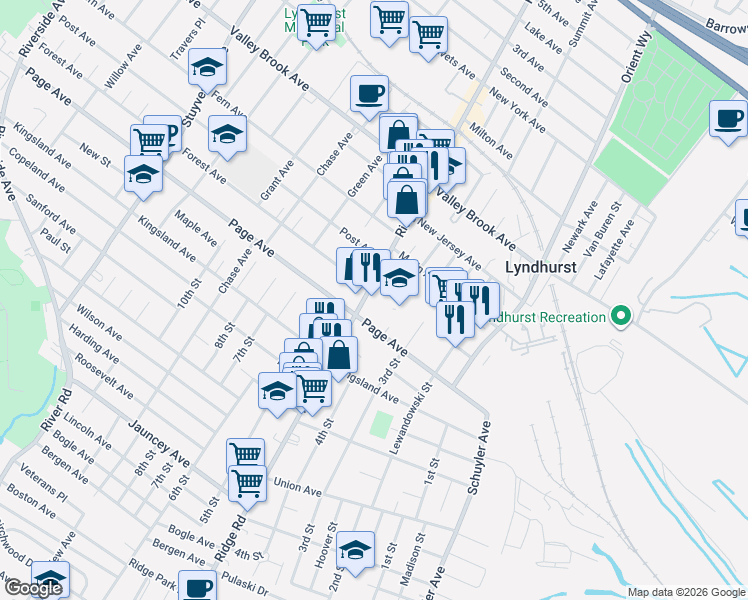 map of restaurants, bars, coffee shops, grocery stores, and more near 448 Ridge Road in Lyndhurst