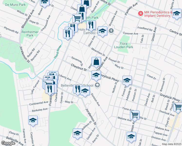 map of restaurants, bars, coffee shops, grocery stores, and more near 115 Passaic Avenue in Belleville