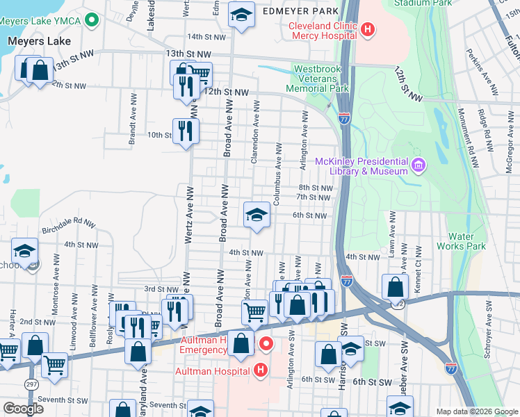 map of restaurants, bars, coffee shops, grocery stores, and more near in Canton