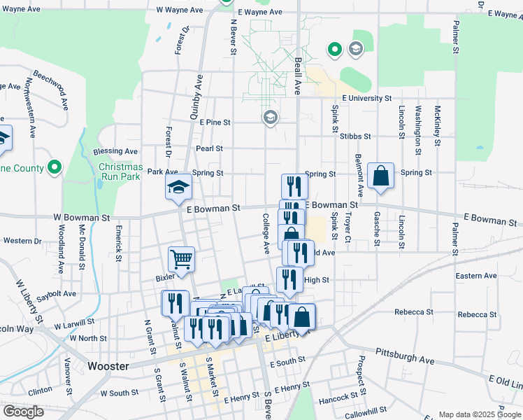 map of restaurants, bars, coffee shops, grocery stores, and more near 539 College Avenue in Wooster