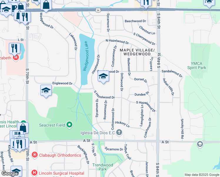 map of restaurants, bars, coffee shops, grocery stores, and more near 721 Cottonwood Drive in Lincoln