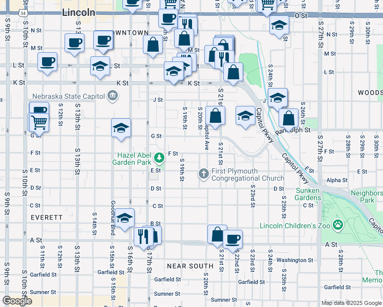 map of restaurants, bars, coffee shops, grocery stores, and more near 1937 F Street in Lincoln