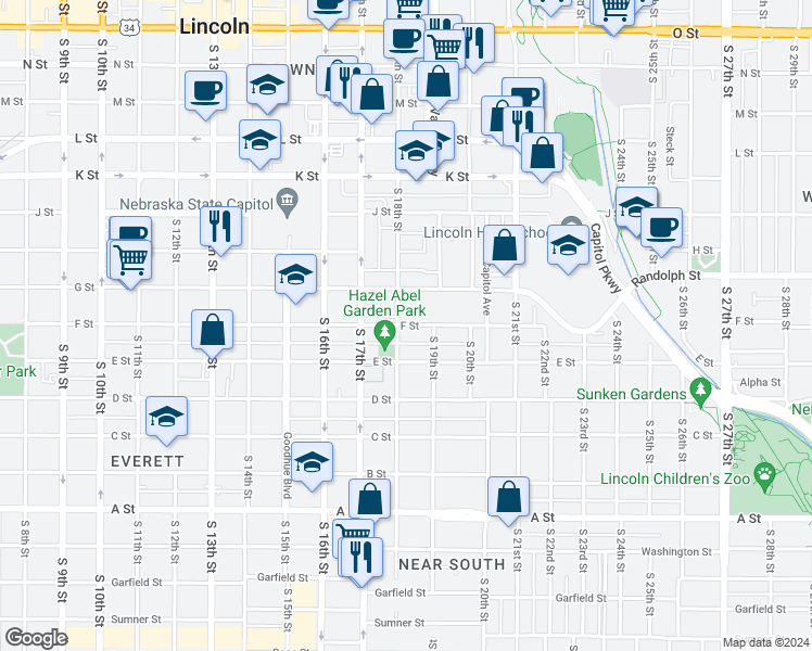 map of restaurants, bars, coffee shops, grocery stores, and more near 1827 F Street in Lincoln