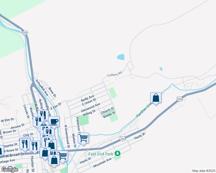 map of restaurants, bars, coffee shops, grocery stores, and more near 606 East Elm Street in Tamaqua
