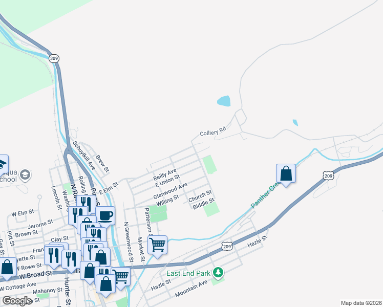 map of restaurants, bars, coffee shops, grocery stores, and more near 527 East Elm Street in Tamaqua