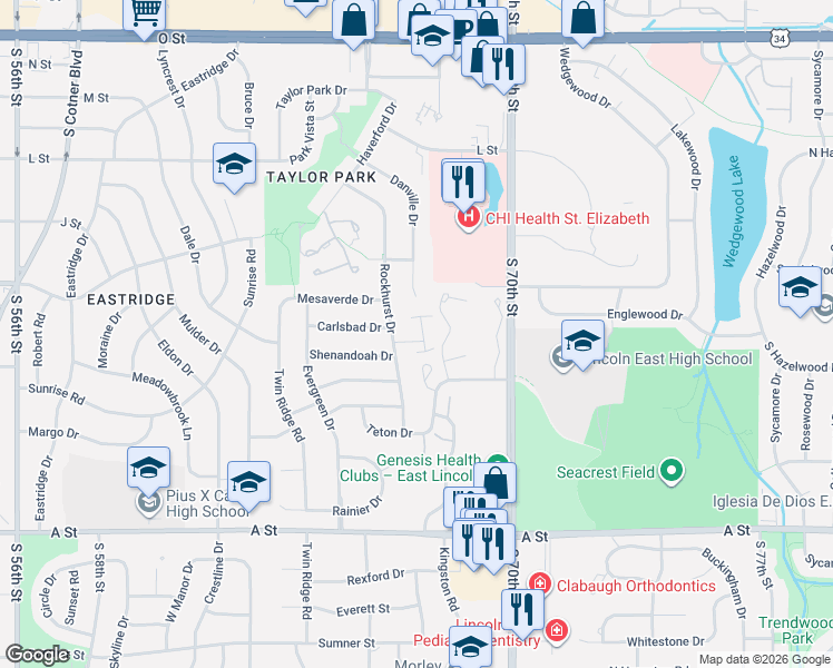 map of restaurants, bars, coffee shops, grocery stores, and more near 6615 Shenandoah Court in Lincoln