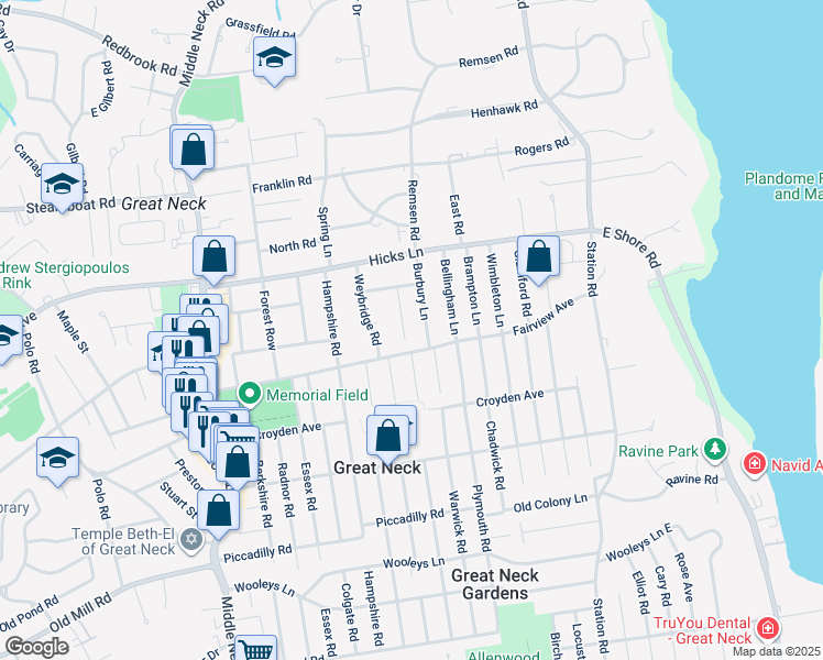 map of restaurants, bars, coffee shops, grocery stores, and more near 14 Drury Lane in Great Neck