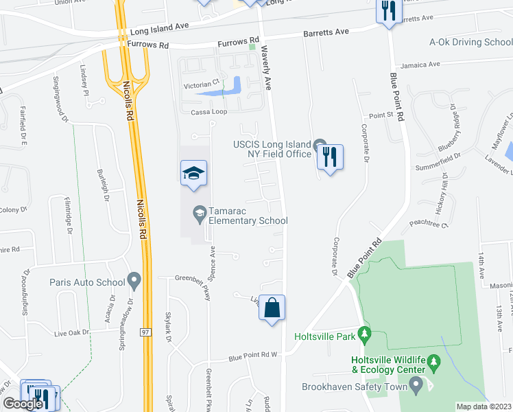 map of restaurants, bars, coffee shops, grocery stores, and more near 12 Storm Drive in Holtsville