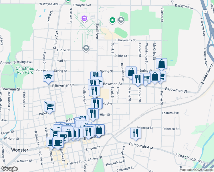map of restaurants, bars, coffee shops, grocery stores, and more near 555 East Bowman Street in Wooster
