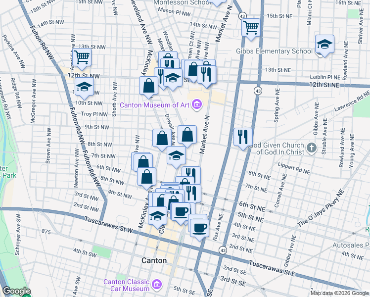 map of restaurants, bars, coffee shops, grocery stores, and more near in Canton