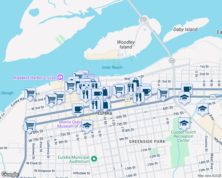 map of restaurants, bars, coffee shops, grocery stores, and more near 816 2nd Street in Eureka