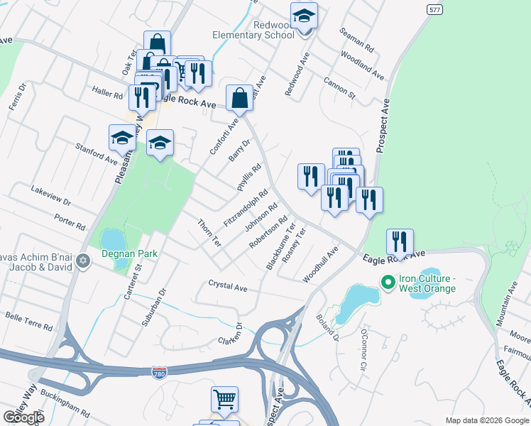 map of restaurants, bars, coffee shops, grocery stores, and more near 8 Johnson Road in West Orange