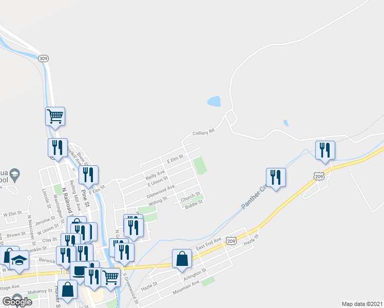 map of restaurants, bars, coffee shops, grocery stores, and more near 608 East Elm Street in Tamaqua