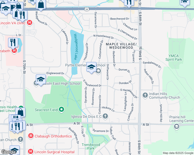 map of restaurants, bars, coffee shops, grocery stores, and more near 721 Cottonwood Drive in Lincoln