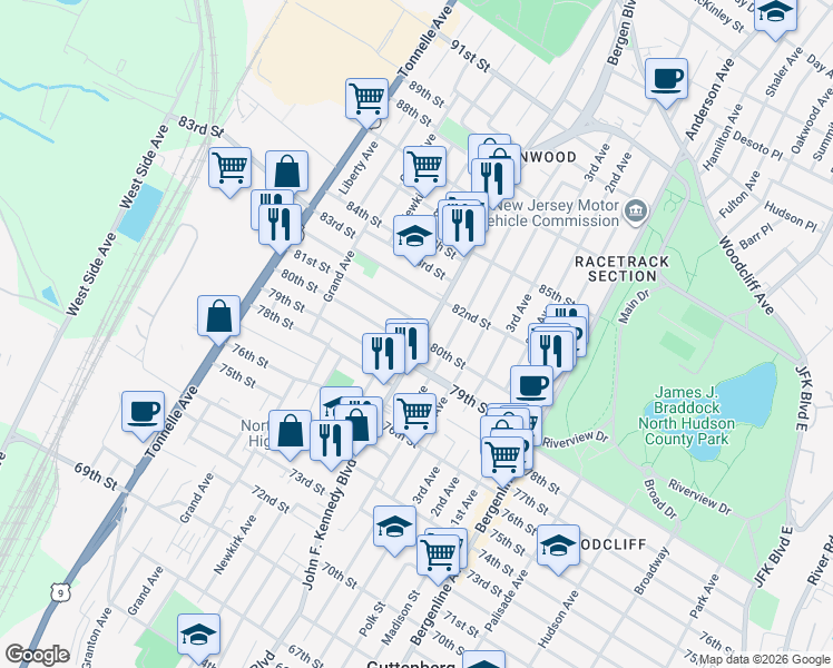 map of restaurants, bars, coffee shops, grocery stores, and more near in North Bergen