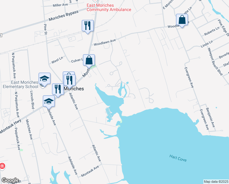 map of restaurants, bars, coffee shops, grocery stores, and more near 47 Pameeches Path in East Moriches