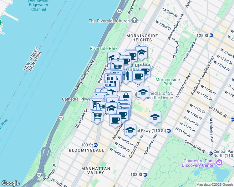 map of restaurants, bars, coffee shops, grocery stores, and more near 535 West 111th Street in New York