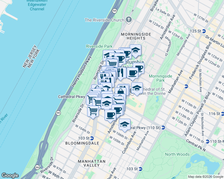 map of restaurants, bars, coffee shops, grocery stores, and more near 535 West 111th Street in New York