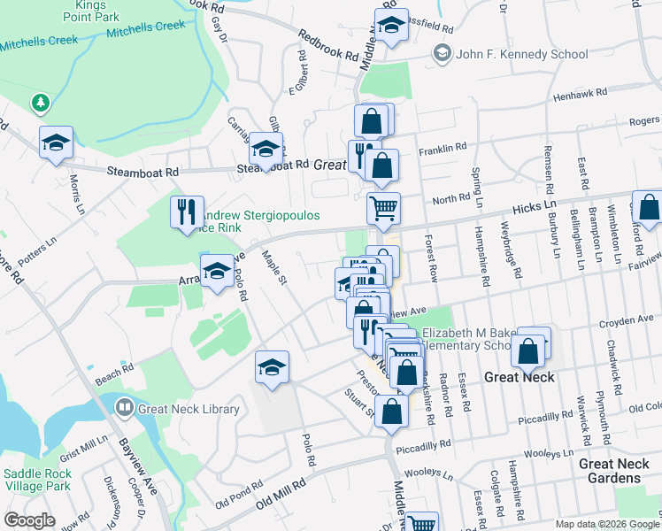 map of restaurants, bars, coffee shops, grocery stores, and more near 7 Willow Lane in Great Neck