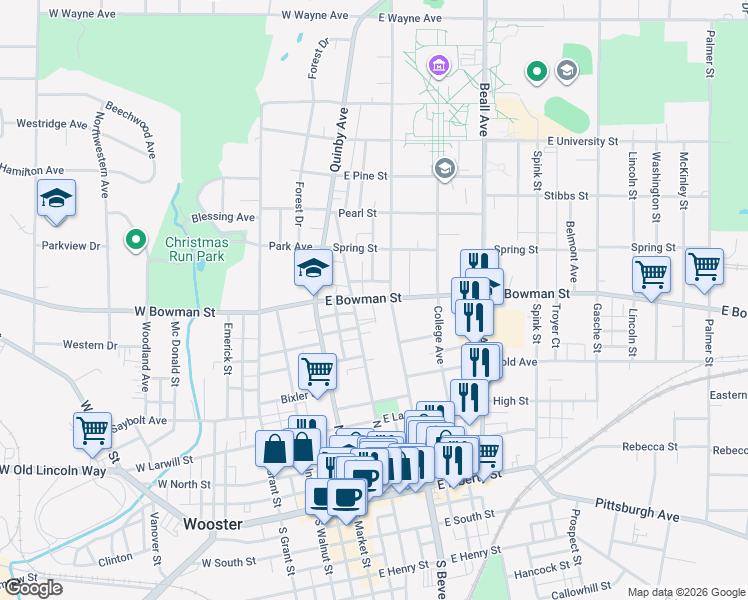 map of restaurants, bars, coffee shops, grocery stores, and more near 227 East Bowman Street in Wooster