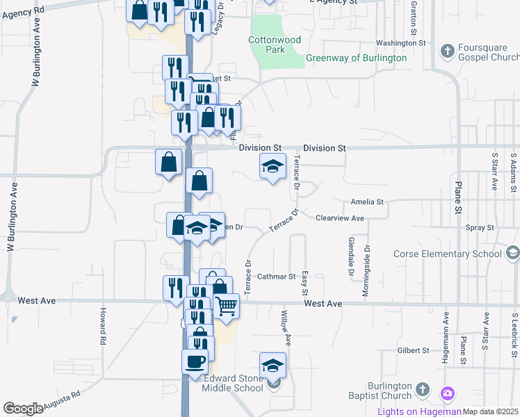 map of restaurants, bars, coffee shops, grocery stores, and more near 421 Terrace Drive in Burlington