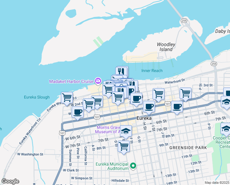map of restaurants, bars, coffee shops, grocery stores, and more near 427 2nd Street in Eureka