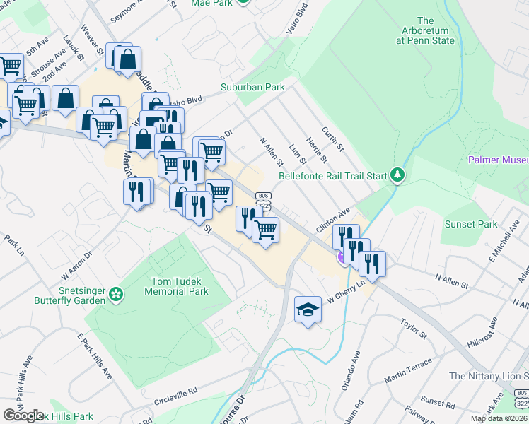 map of restaurants, bars, coffee shops, grocery stores, and more near 1400 U.S. 322 Business in State College