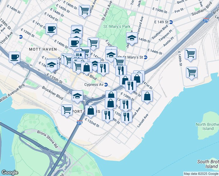 map of restaurants, bars, coffee shops, grocery stores, and more near Jackson Avenue in The Bronx
